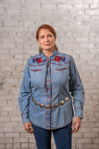Women’s Denim American Bison Embroidered Western Shirt