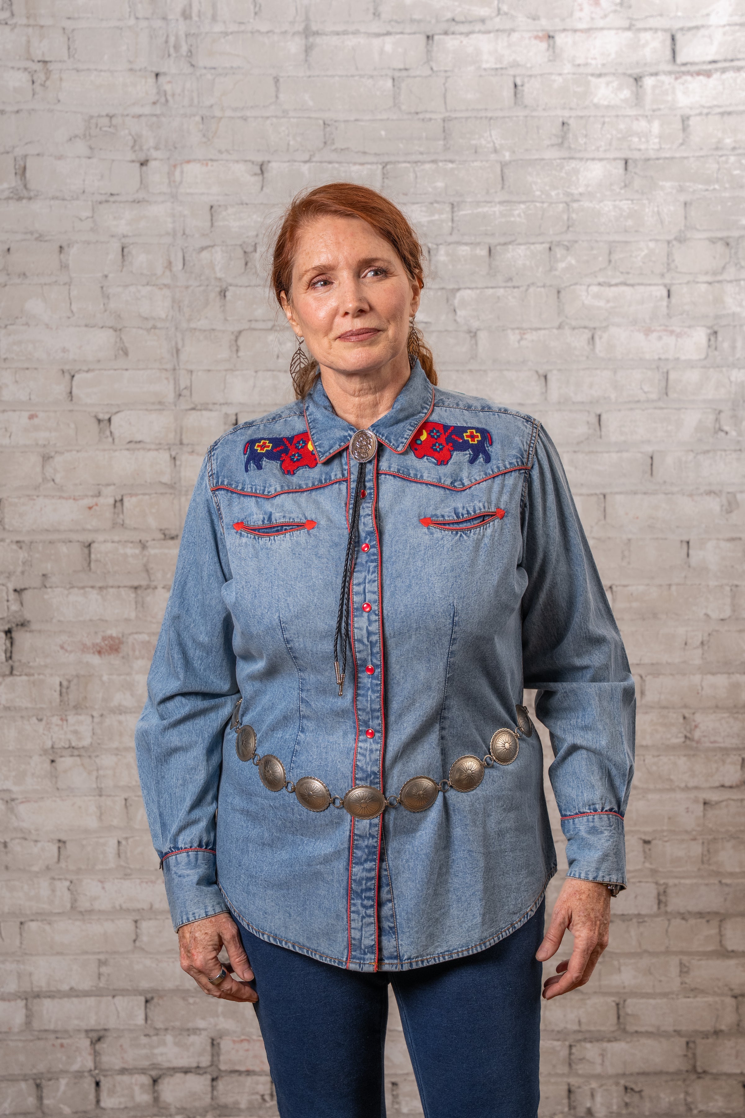 Women’s Denim American Bison Embroidered Western Shirt