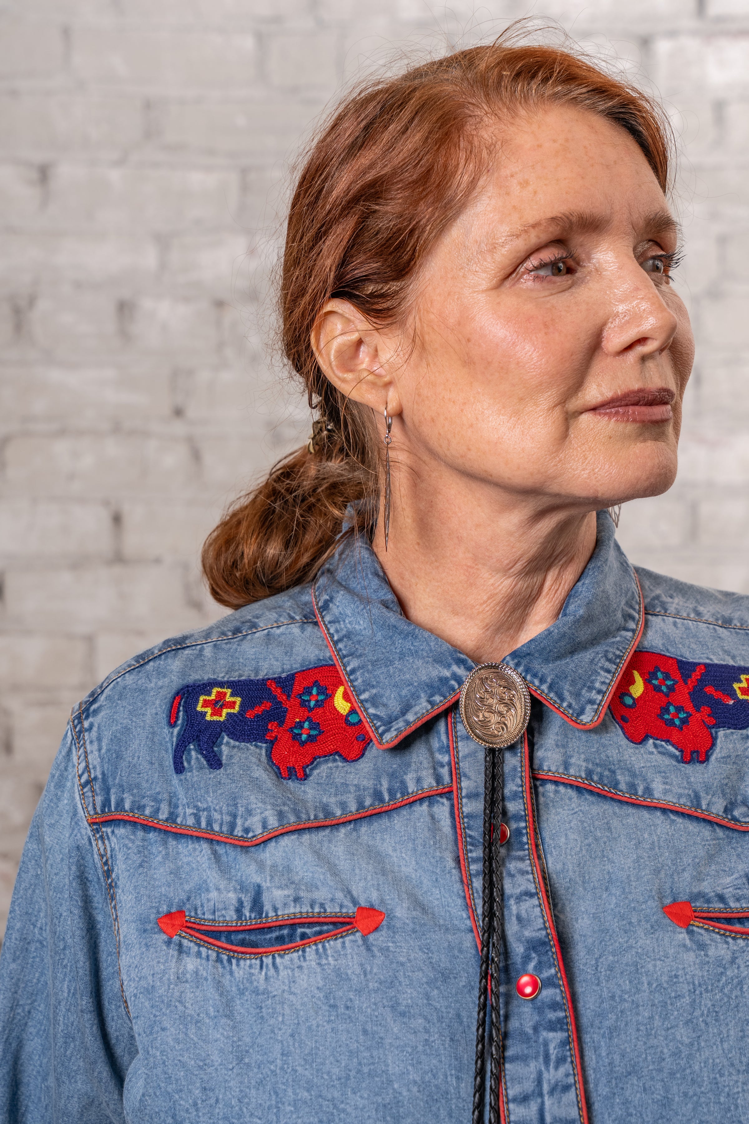 Women’s Denim American Bison Embroidered Western Shirt