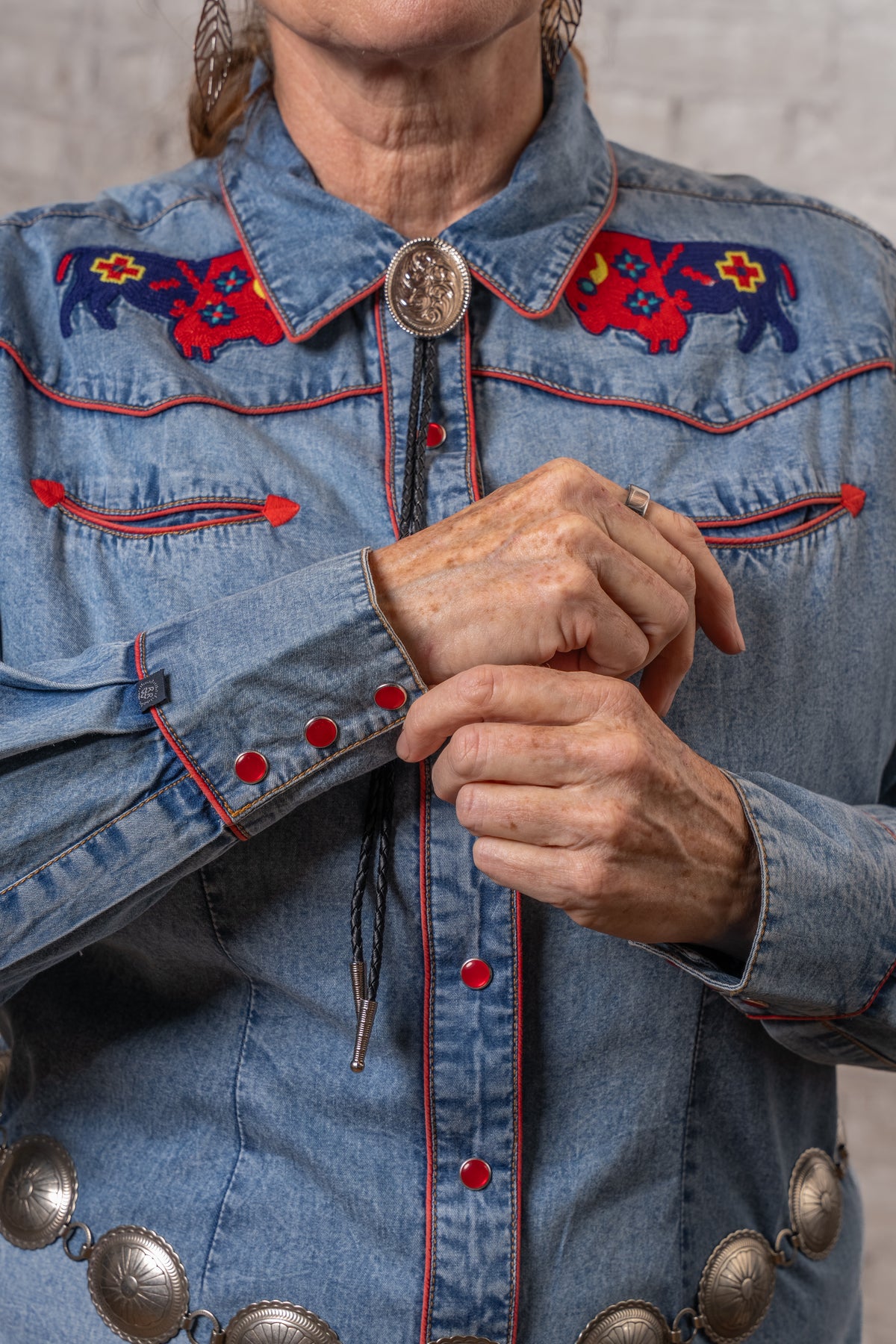 Women’s Denim American Bison Embroidered Western Shirt