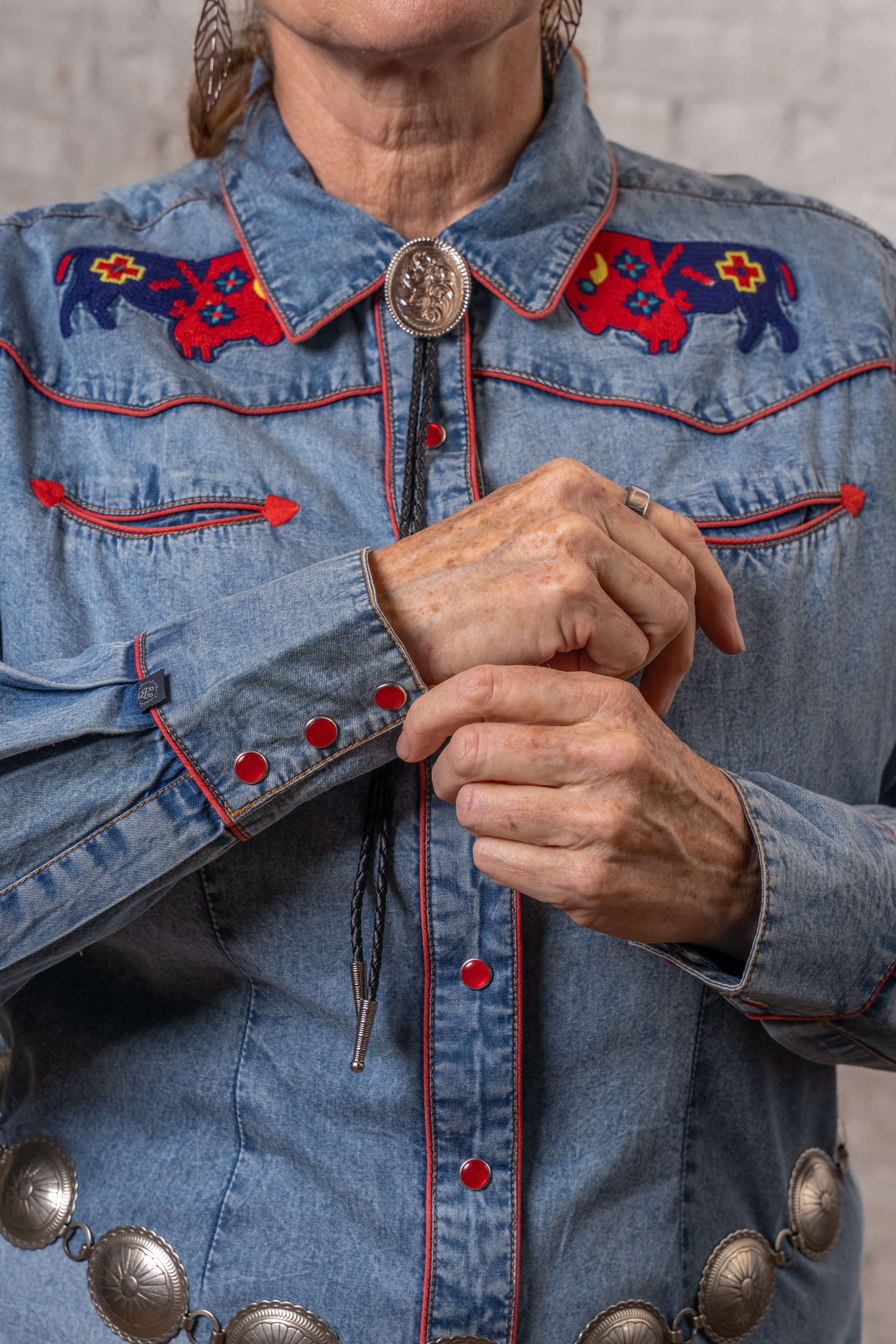 Women’s Denim American Bison Embroidered Western Shirt