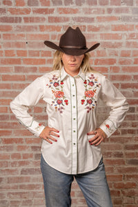 Women's Ivory Floral Embroidered Western Shirt by Rockmount Ranch Wear with front floral embroidery