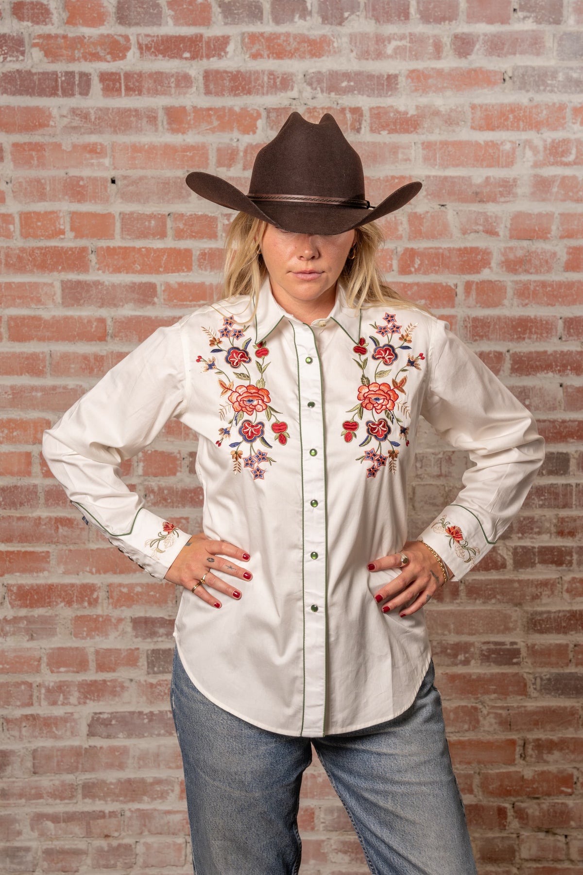 Women's Ivory Floral Embroidered Western Shirt by Rockmount Ranch Wear with front floral embroidery