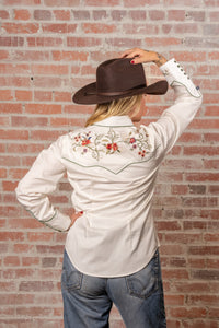 Women's Ivory Floral Embroidered Western Shirt by Rockmount Ranch Wear with floral embroidery and snap shotgun cuffs