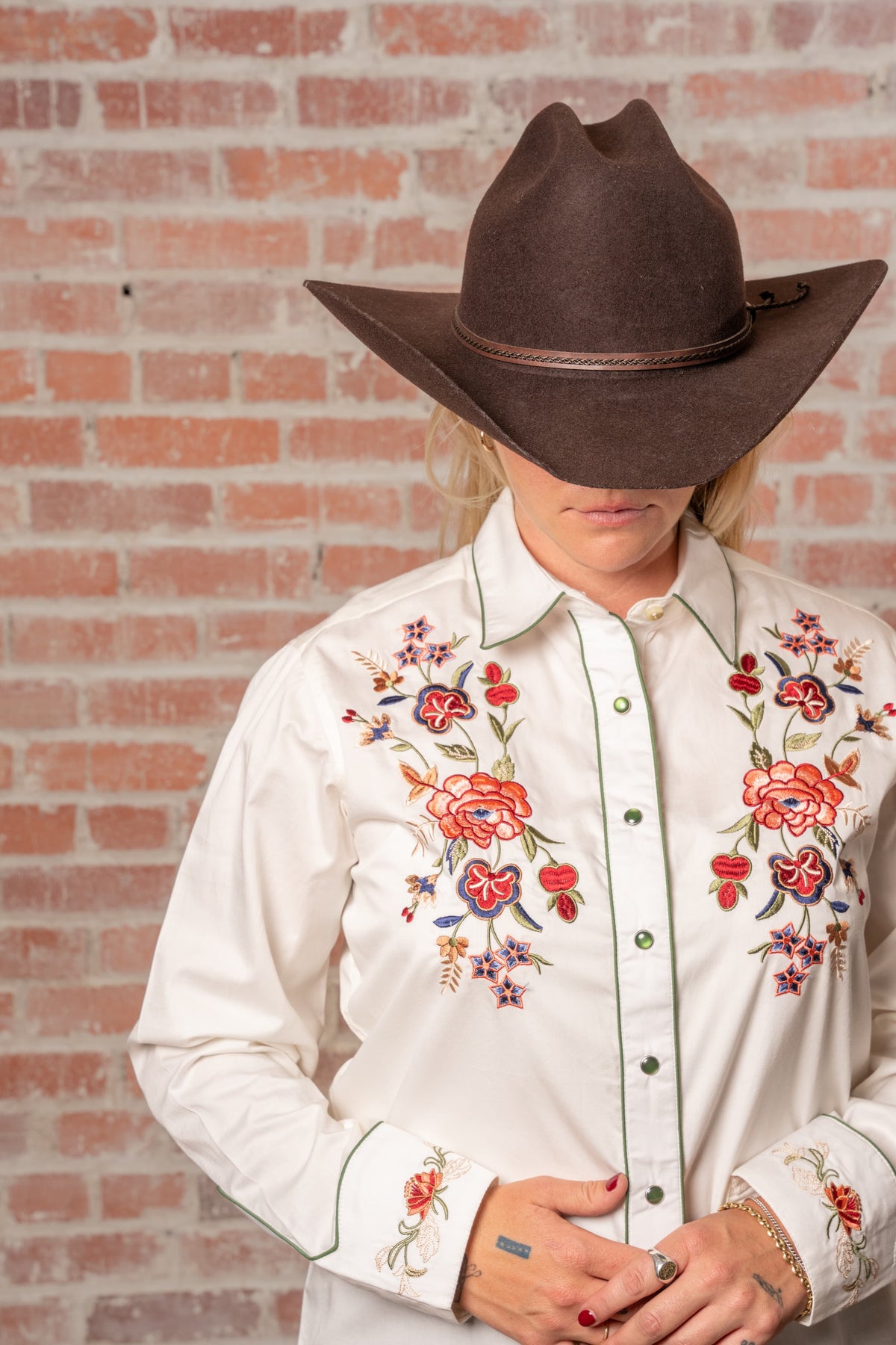 Womens Ivory Floral Embroidered Western Shirt by Rockmount Ranch Wear with snap button cuffs