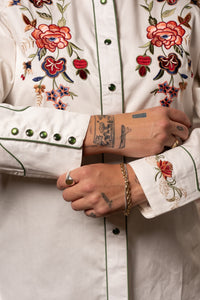 Women Ivory Floral Embroidered Western Shirt by Rockmount Ranch Wear with floral embroidery and snap shotgun cuffs