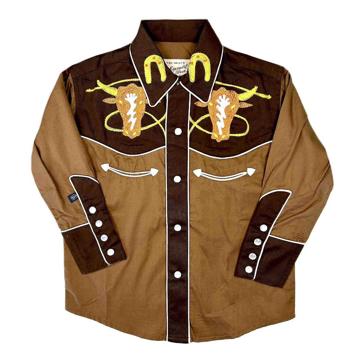 Kid's Embroidered 2-Tone Steer Western Shirt in Brown - Rockmount