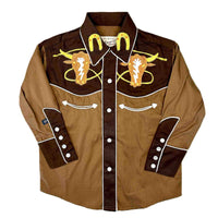 Kid's Embroidered 2-Tone Steer Western Shirt in Brown - Rockmount