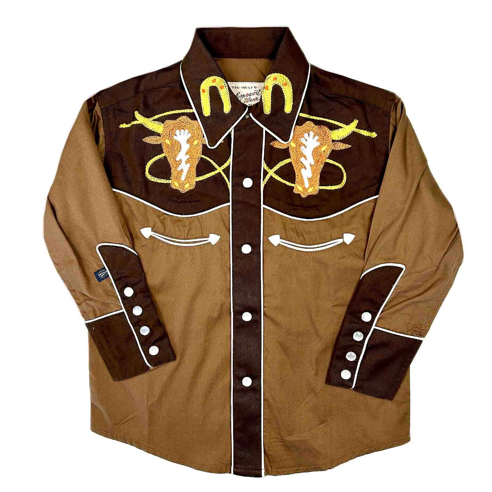 Kid's Embroidered 2-Tone Steer Western Shirt in Brown - Rockmount