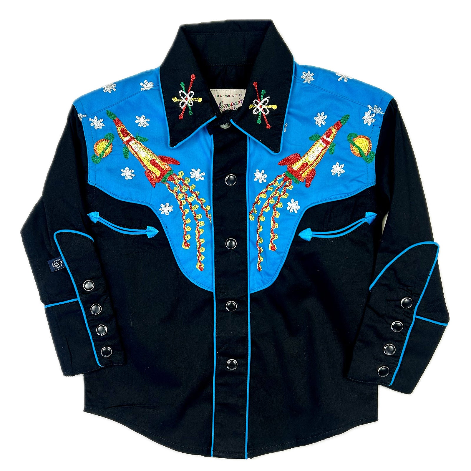 Kid's 2-Tone Space Cowboy Embroidered Western Shirt in Black & Turquoise - Rockmount