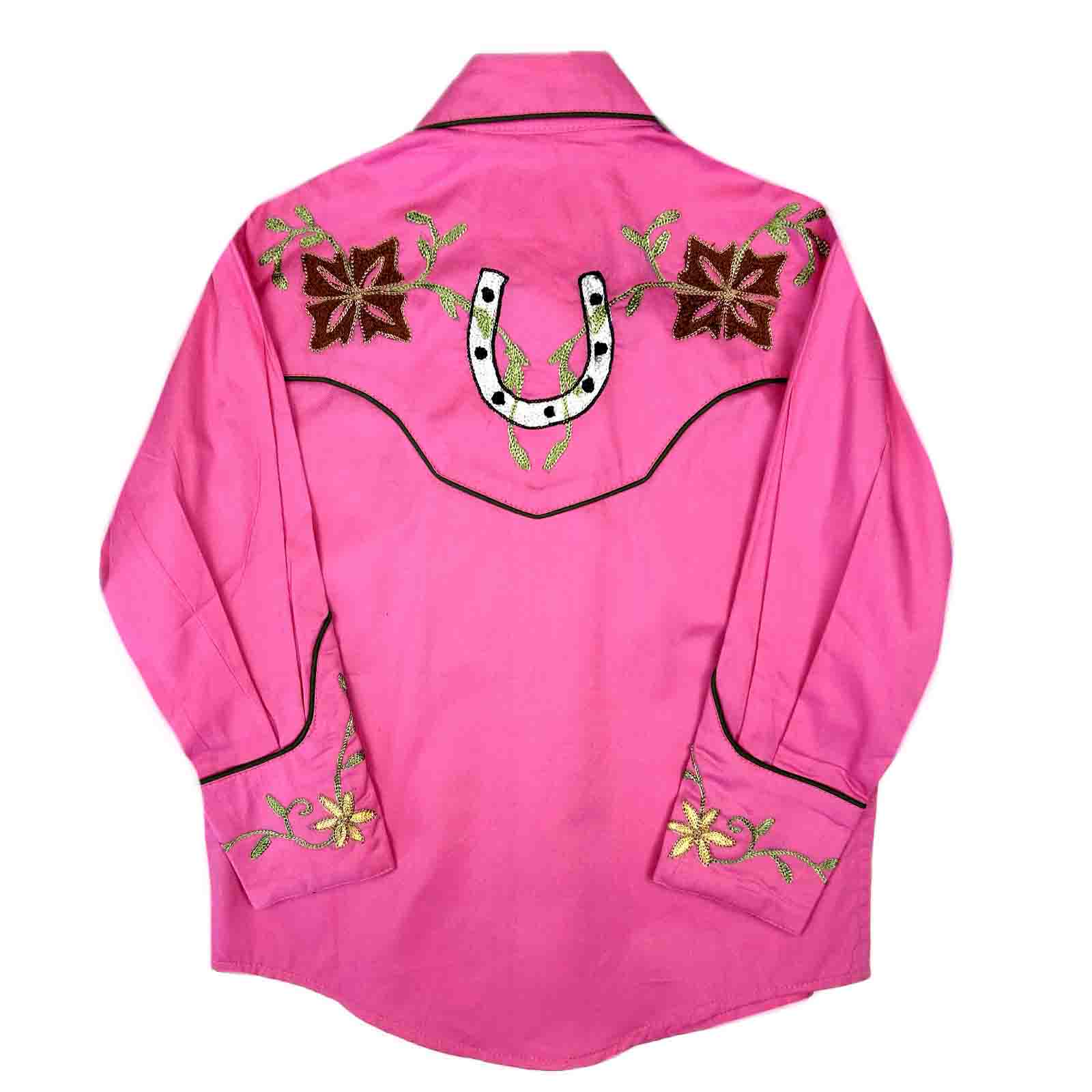 Kid's Pink Embroidered Floral with Lucky Horseshoes Western Shirt - Rockmount