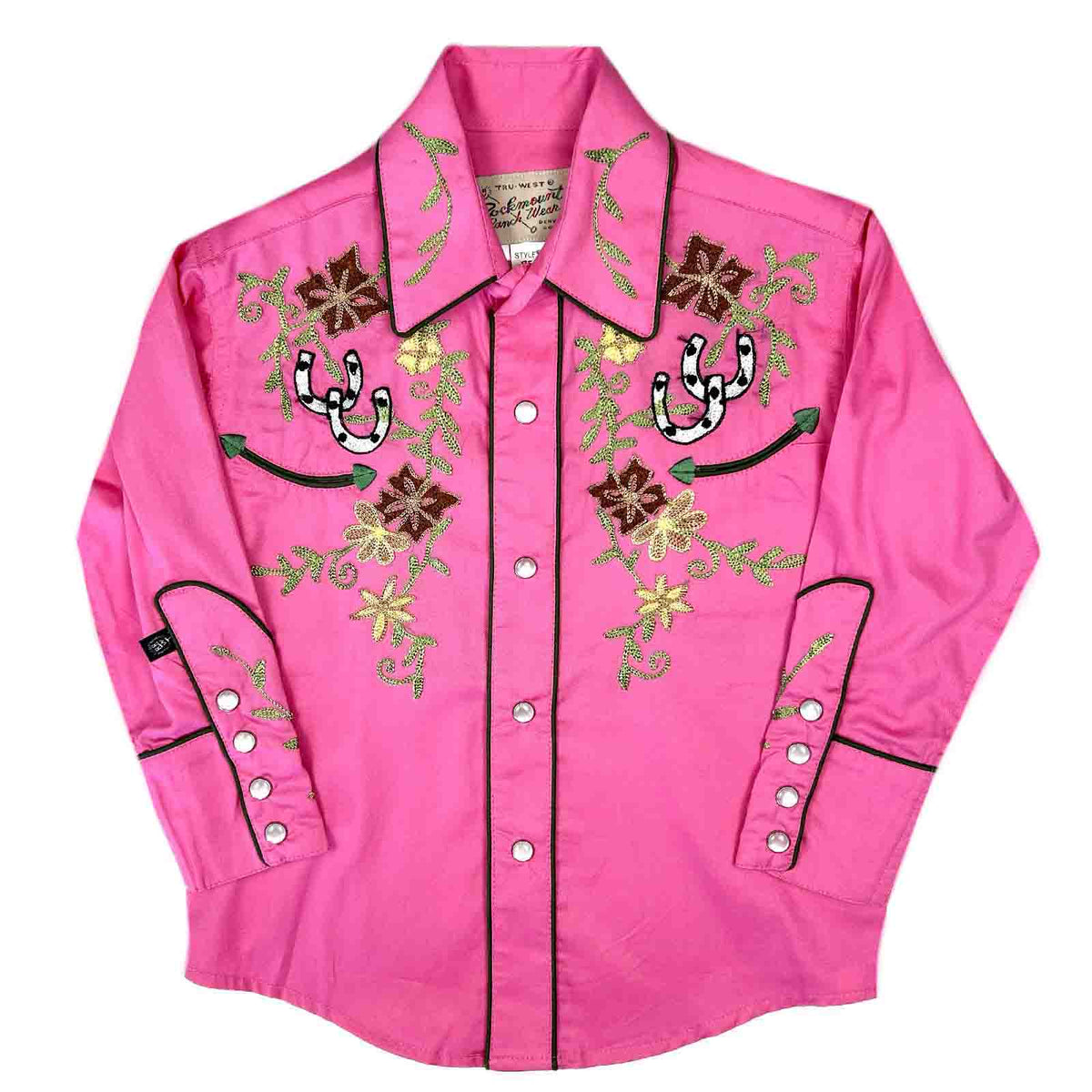 Kid's Pink Embroidered Floral with Lucky Horseshoes Western Shirt - Rockmount