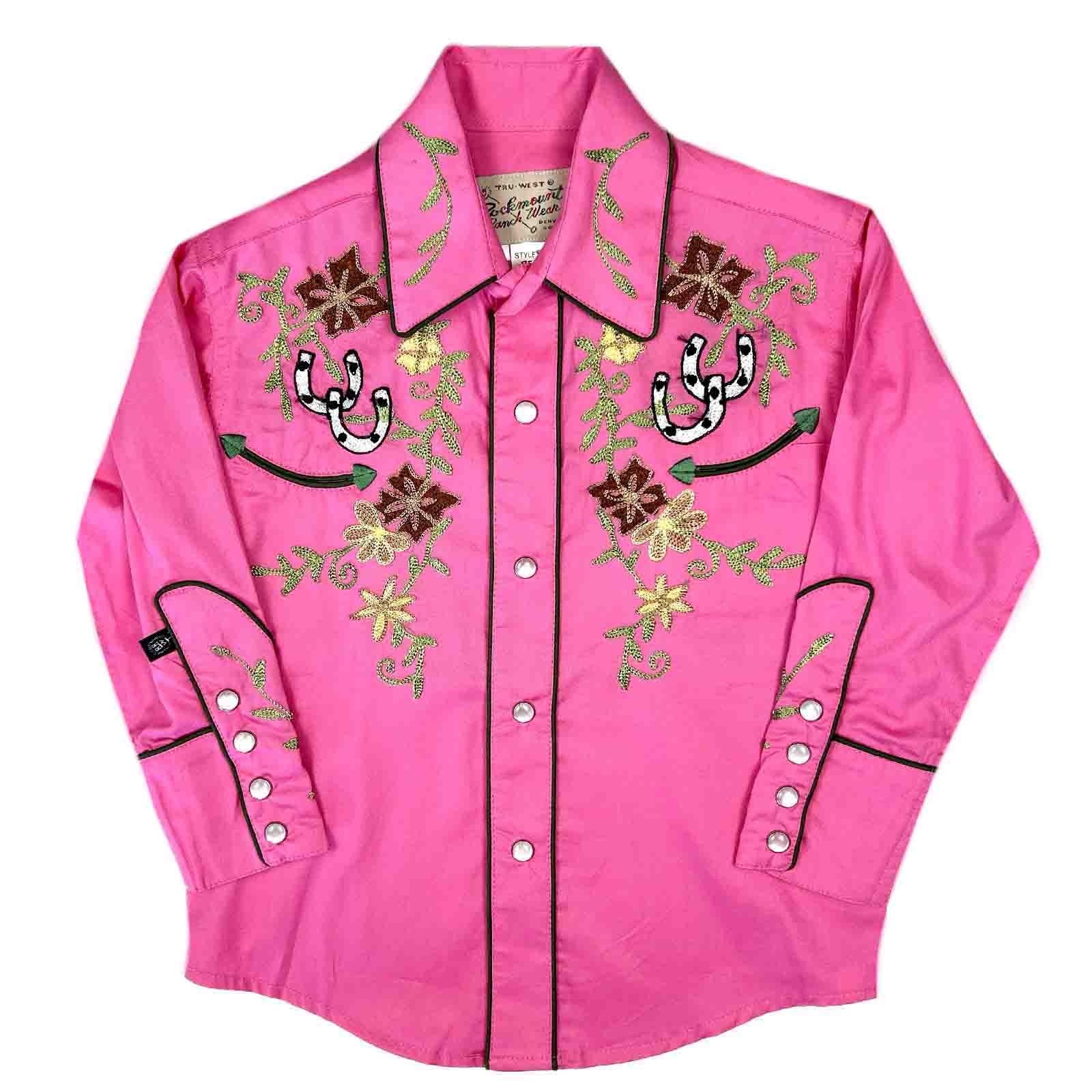 Kid's Pink Embroidered Floral with Lucky Horseshoes Western Shirt - Rockmount