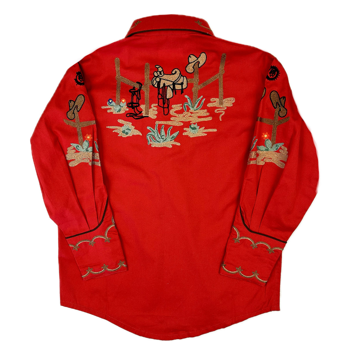 Kid's Red Cactus & Cowboy Boots Embroidered Western Shirt