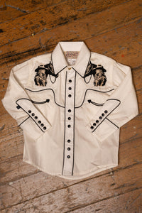 Kid's Ivory Cowgirl Horse Embroidery Western Shirt by Rockmount Ranch Wear, vintage fringe western wear