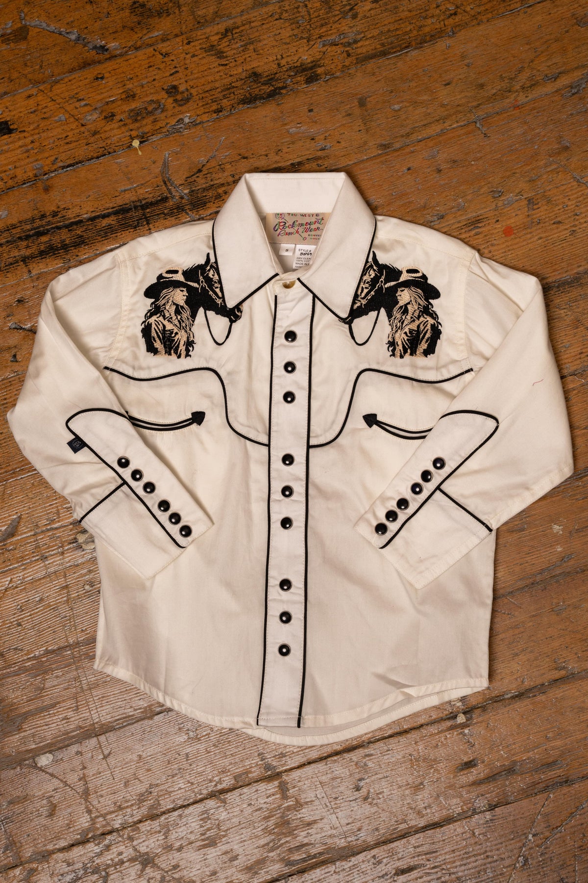 Kid's Ivory Cowgirl Horse Embroidery Western Shirt by Rockmount Ranch Wear, vintage fringe western wear