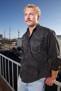 Men's Black Stonewashed Denim Blanket Stitch Western Shirt
