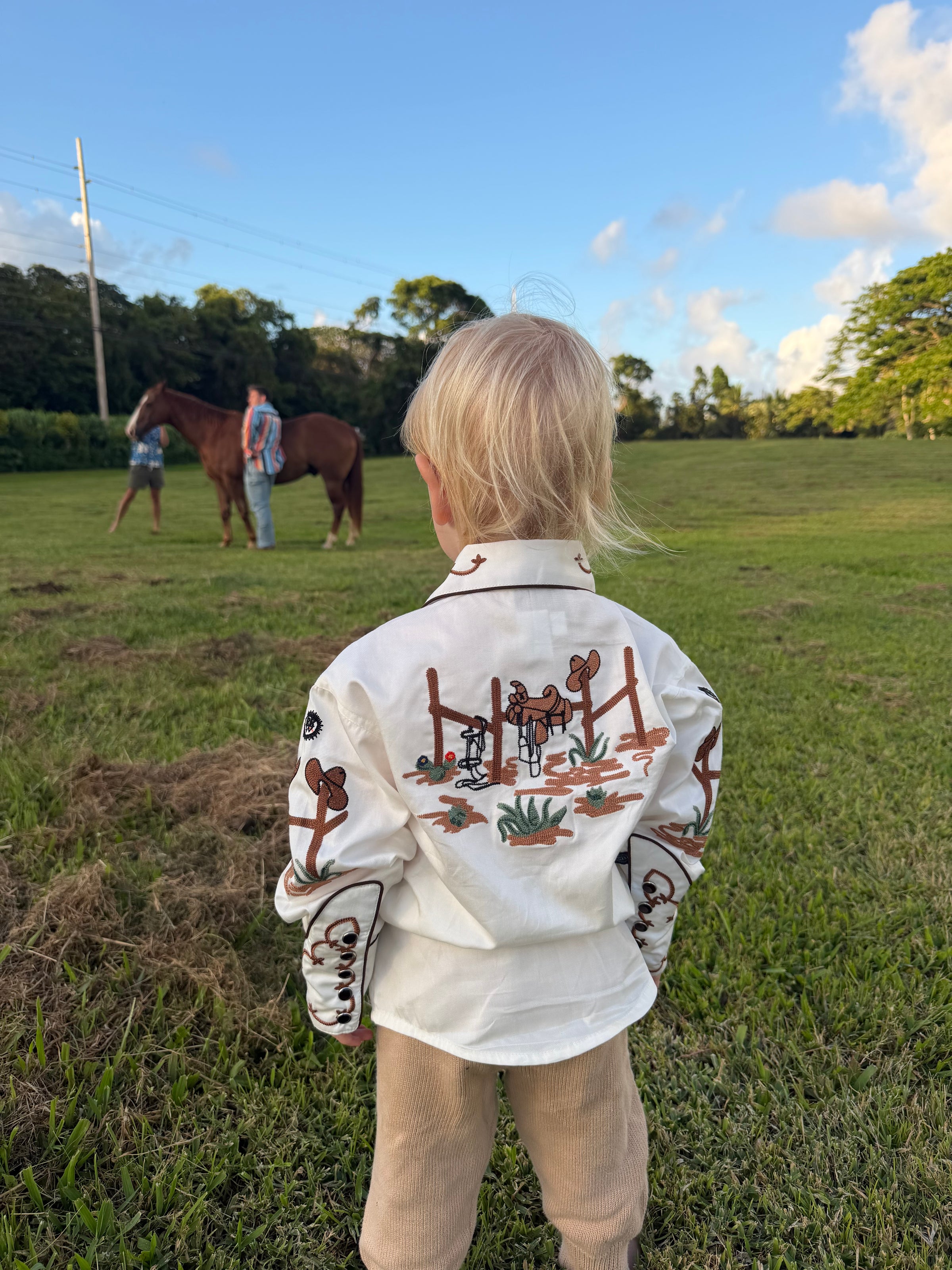 Kid's Ivory Cactus & Cowboy Boots Embroidered Western Shirt