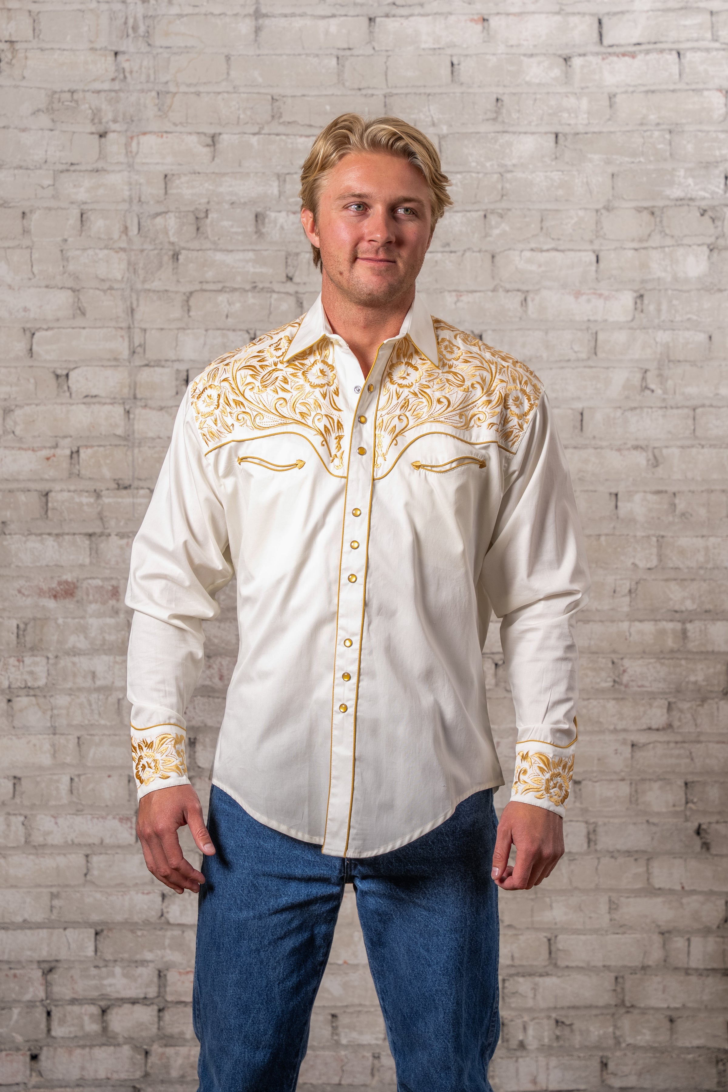 Men's Vintage Ivory and Gold Tooling Embroidered Western Shirt