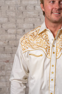 Men's Vintage Ivory and Gold Tooling Embroidered Western Shirt