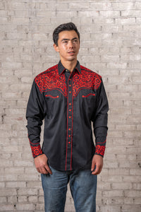 Men's Vintage Black & Red Tooling Embroidered Western Shirt