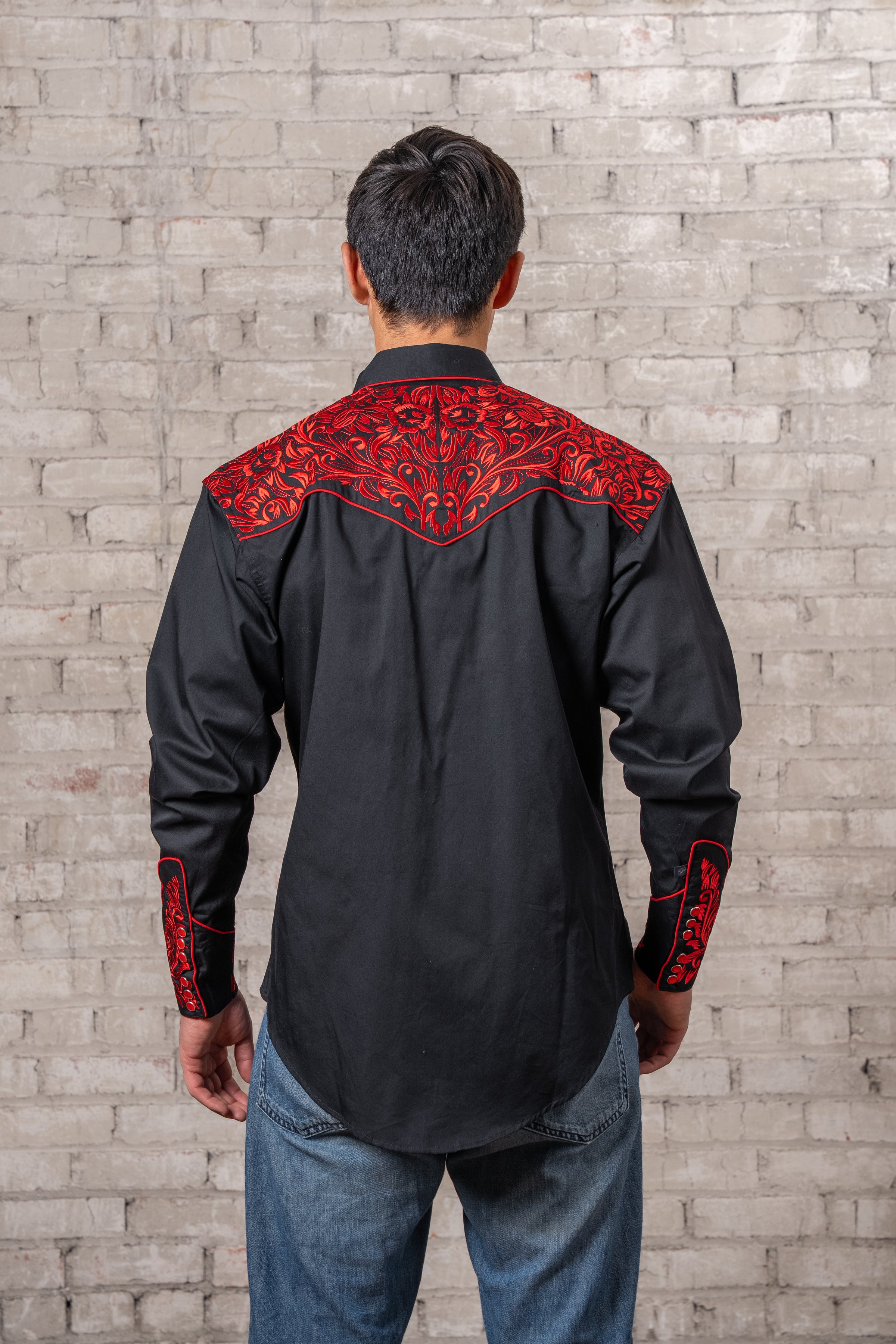Men's Vintage Black & Red Tooling Embroidered Western Shirt