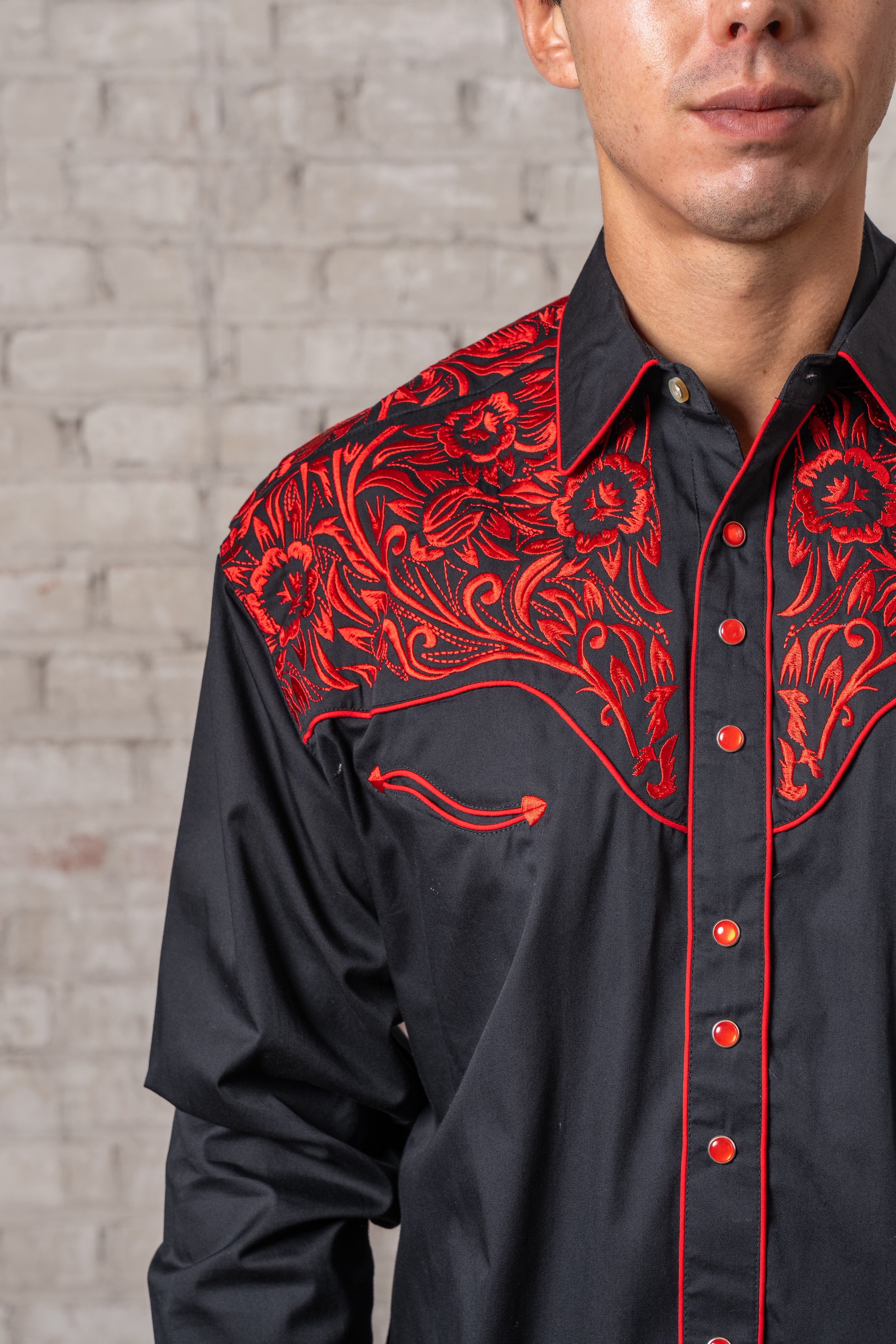 Men's Vintage Black & Red Tooling Embroidered Western Shirt