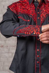 Men's Vintage Black & Red Tooling Embroidered Western Shirt