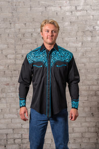 Men's Vintage Black & Turquoise Tooling Embroidered Western Shirt