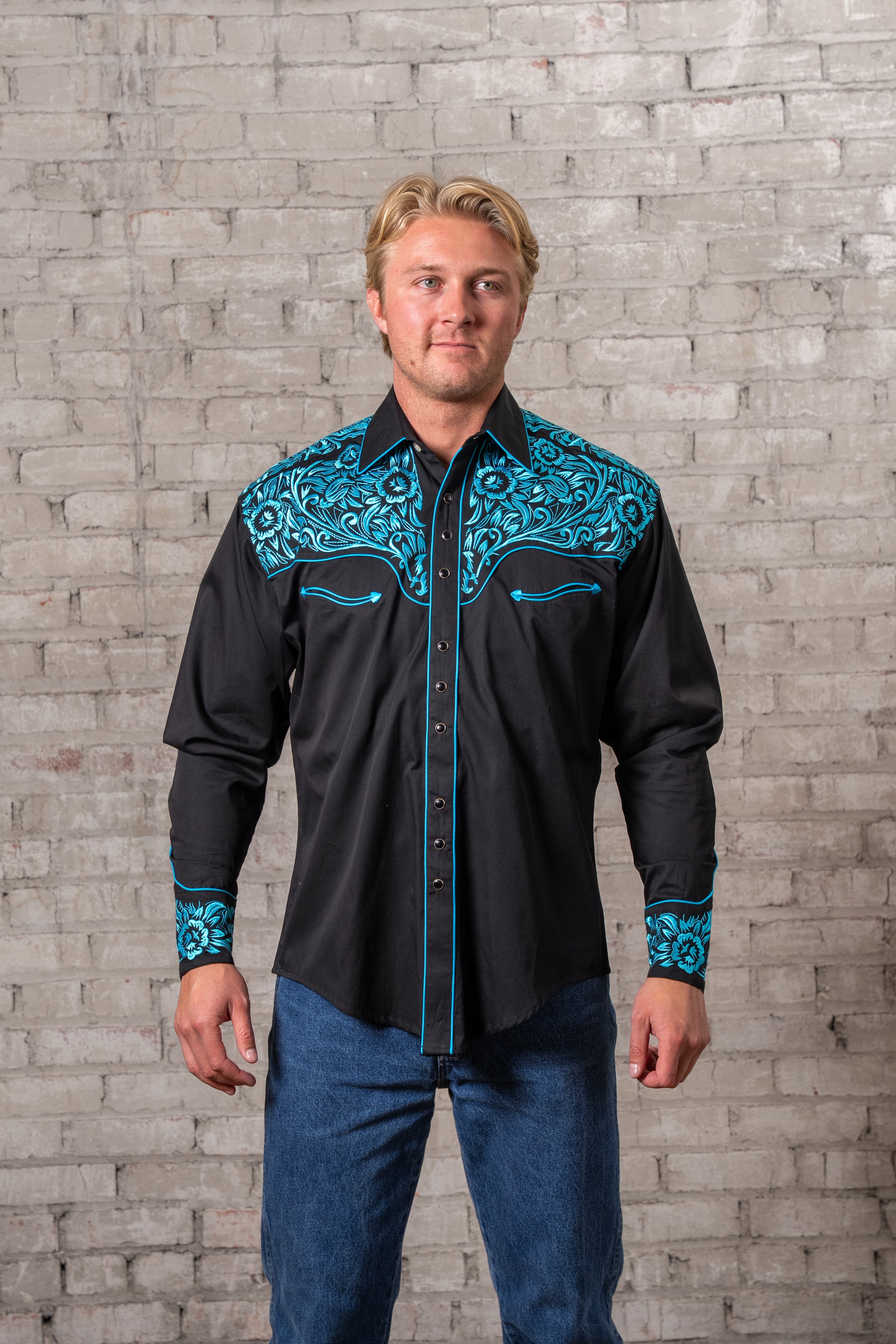 Men's Vintage Black & Turquoise Tooling Embroidered Western Shirt