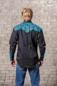 Men's Vintage Black & Turquoise Tooling Embroidered Western Shirt