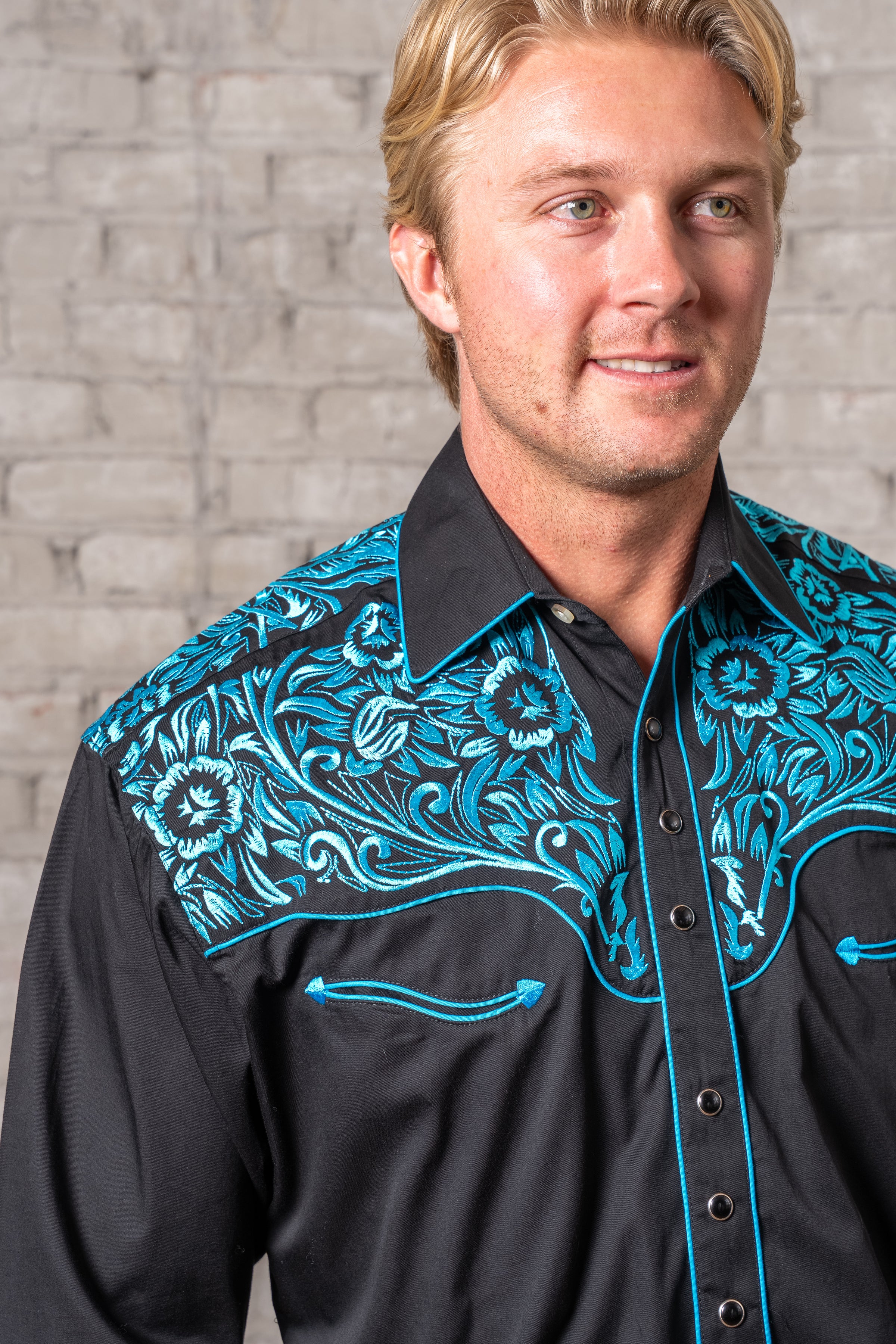 Men's Vintage Black & Turquoise Tooling Embroidered Western Shirt