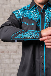 Men's Vintage Black & Turquoise Tooling Embroidered Western Shirt