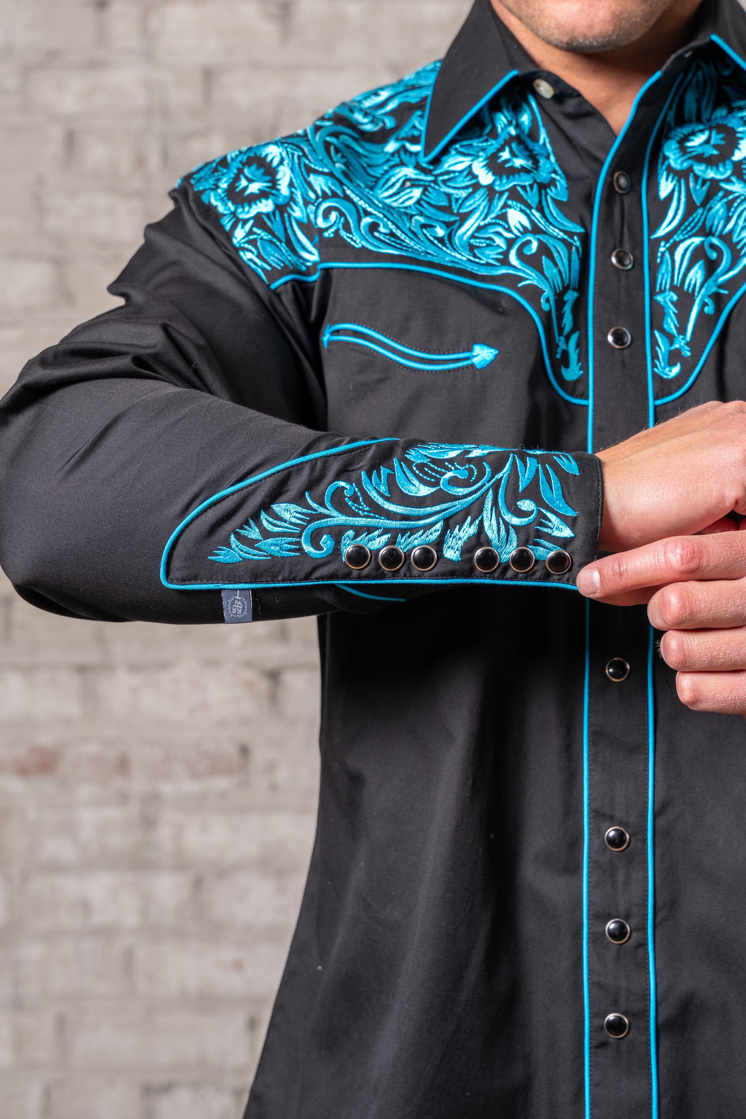 Men's Vintage Black & Turquoise Tooling Embroidered Western Shirt