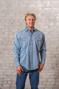 Men's Vintage Denim & Blue Tooling Embroidery Western Shirt
