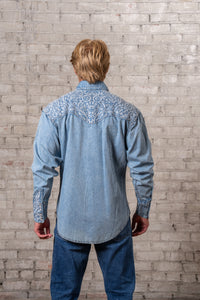 Men's Vintage Denim & Blue Tooling Embroidery Western Shirt