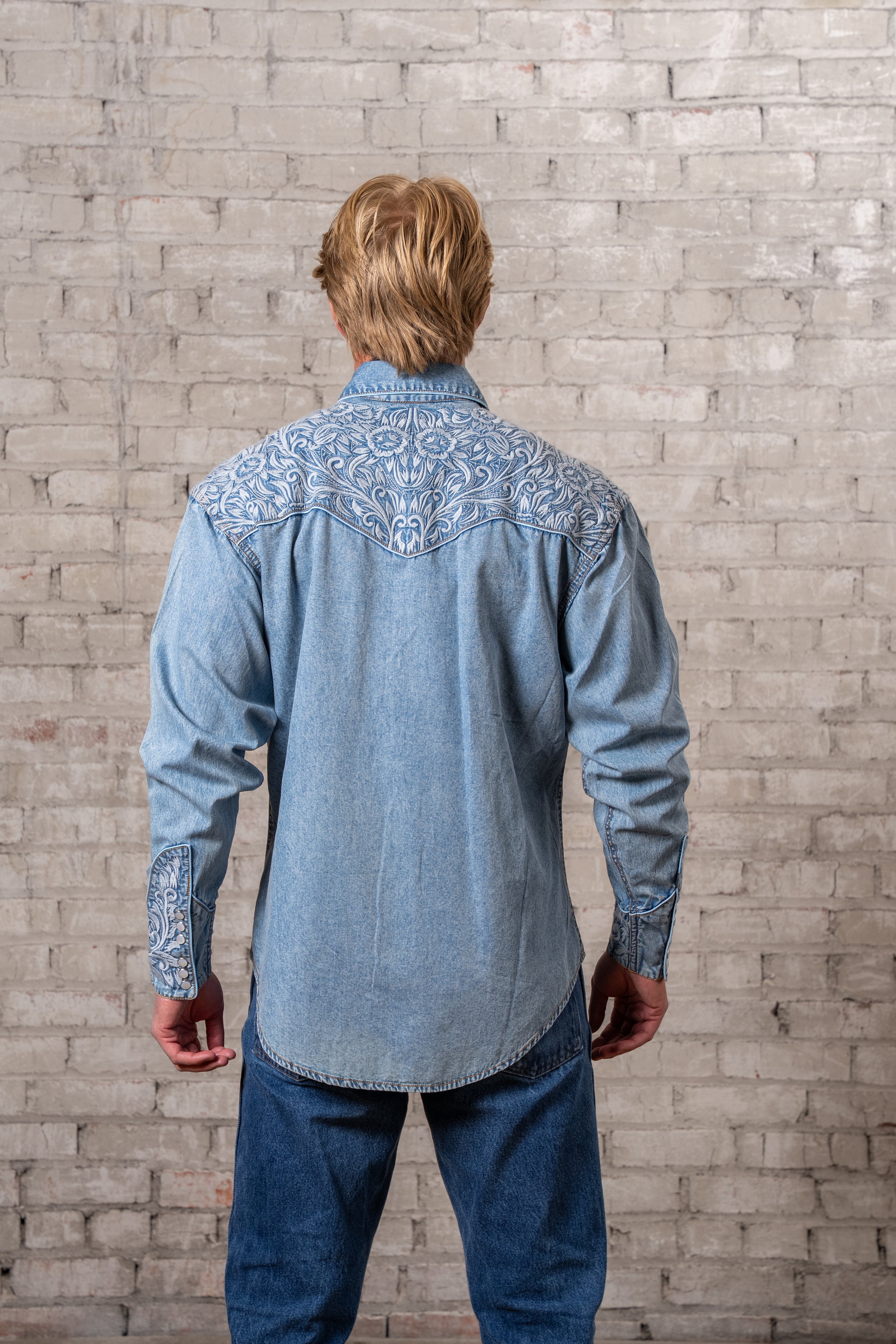 Men's Vintage Denim & Blue Tooling Embroidery Western Shirt