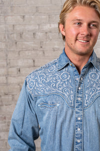 Men's Vintage Denim & Blue Tooling Embroidery Western Shirt