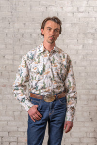 Men's Vintage Desert Cactus Print Western Shirt