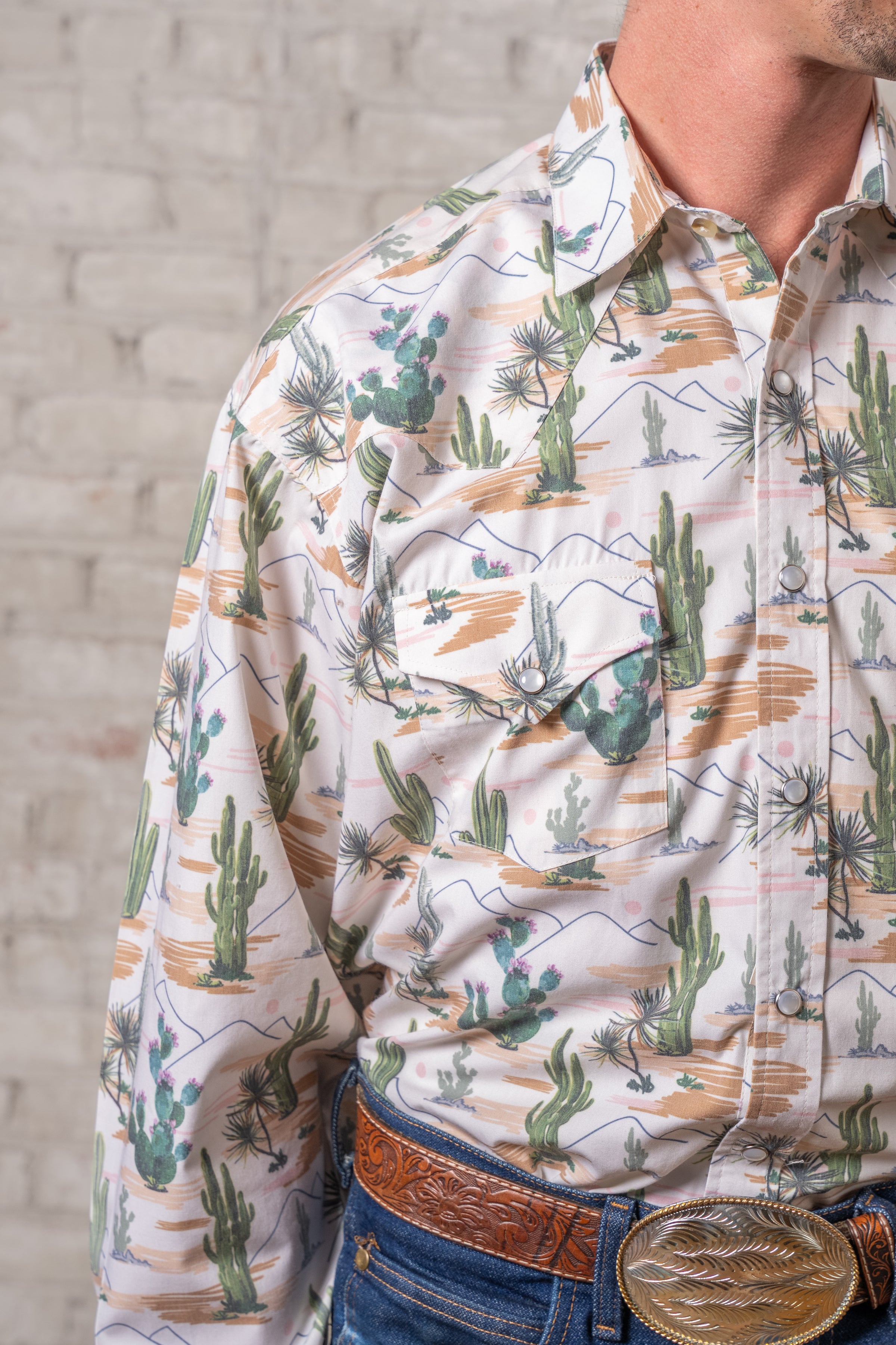 Men's Vintage Desert Cactus Print Western Shirt