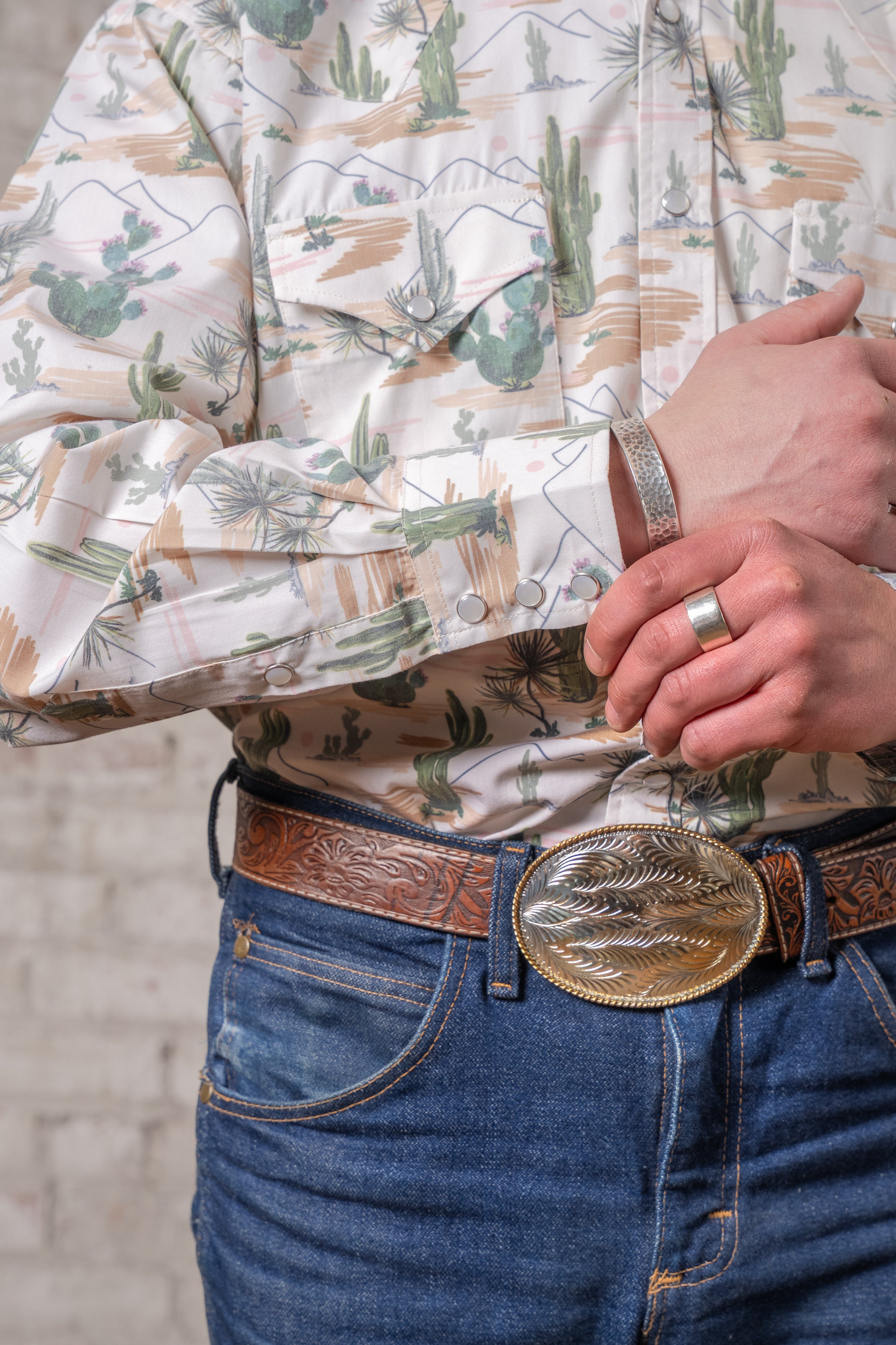 Men's Vintage Desert Cactus Print Western Shirt