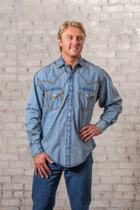 Men's Stonewashed Denim Blanket Stitch Western Shirt