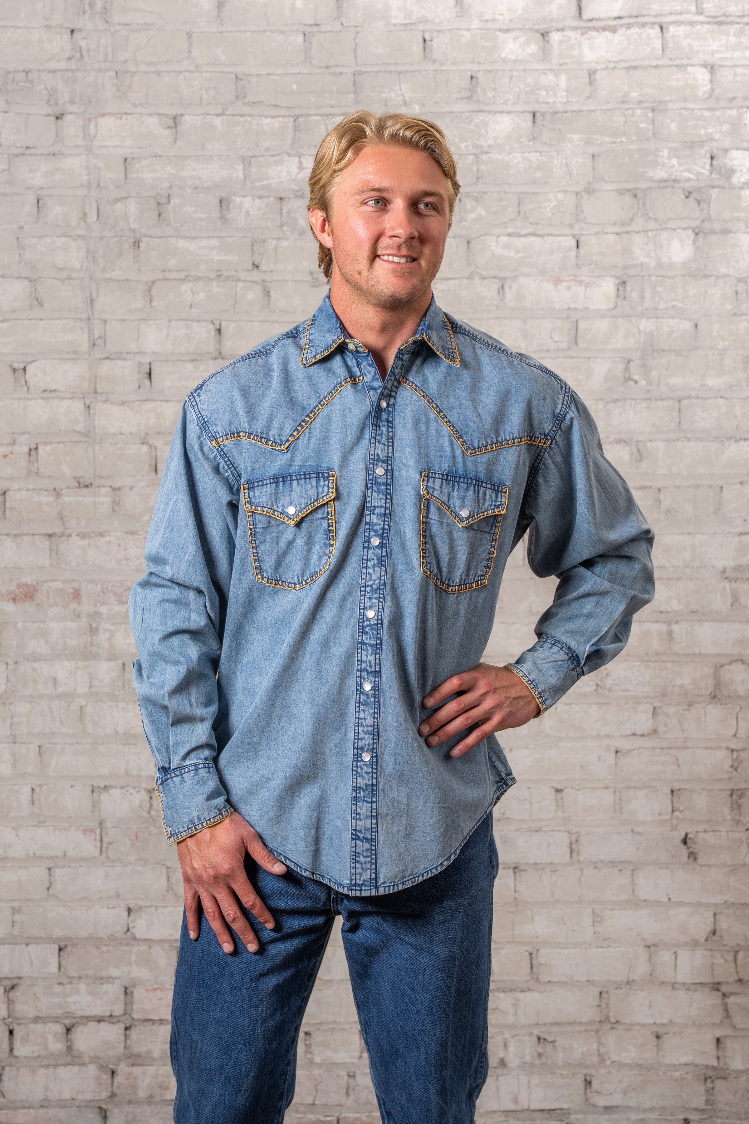 Men's Stonewashed Denim Blanket Stitch Western Shirt