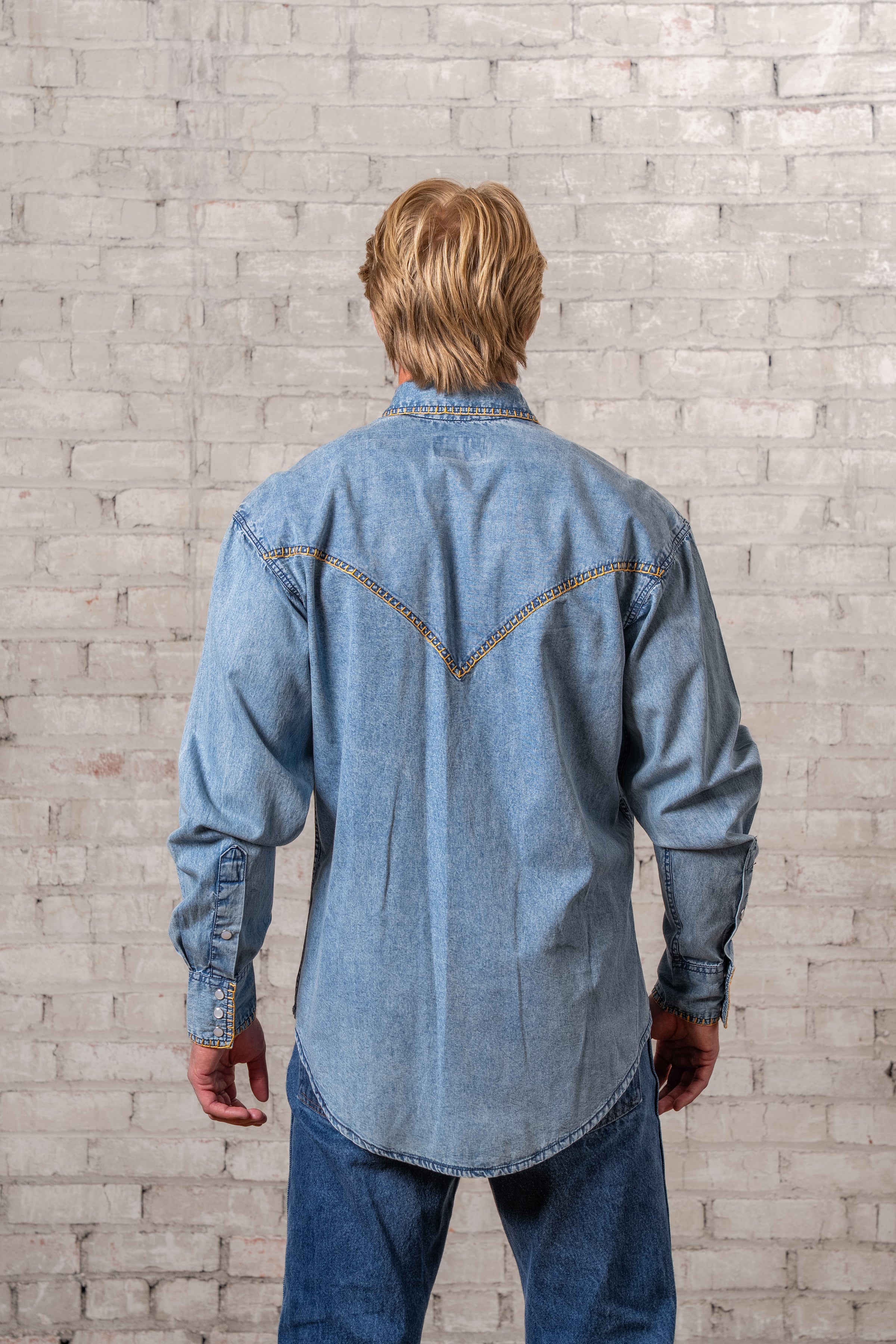Men's Stonewashed Denim Blanket Stitch Western Shirt