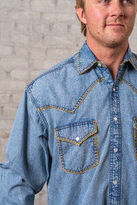 Men's Stonewashed Denim Blanket Stitch Western Shirt