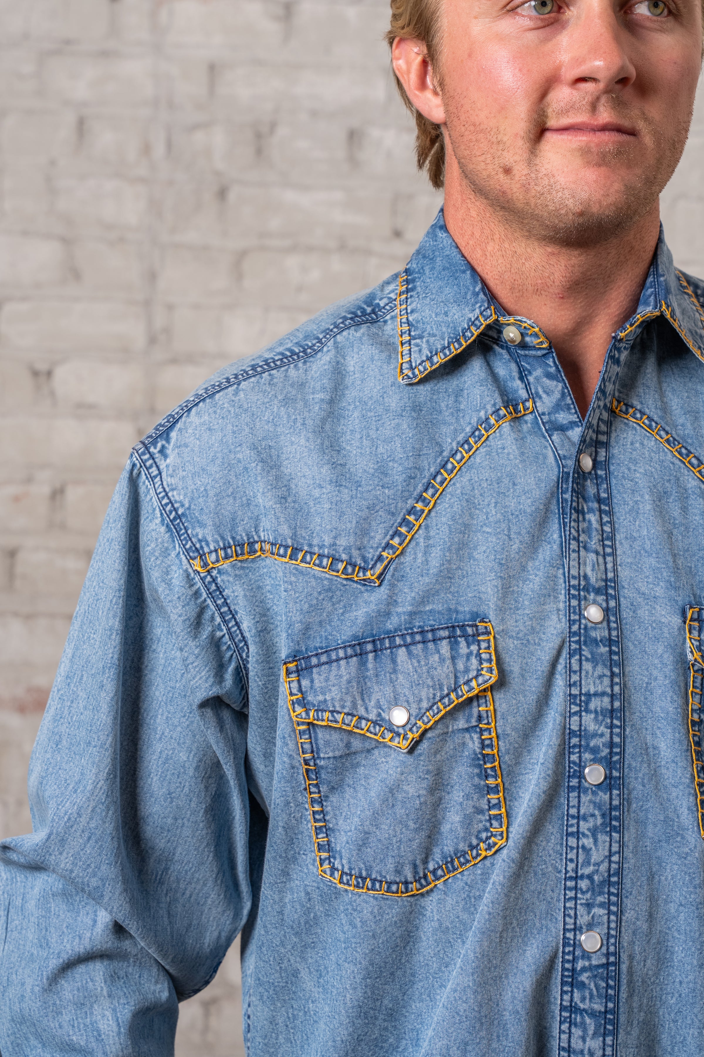 Men's Stonewashed Denim Blanket Stitch Western Shirt