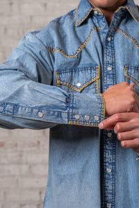 Men's Stonewashed Denim Blanket Stitch Western Shirt