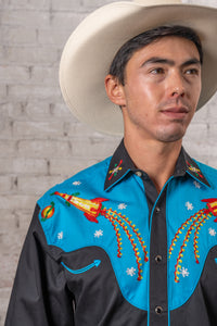 Men's 2-Tone Space Cowboy Embroidered Western Shirt