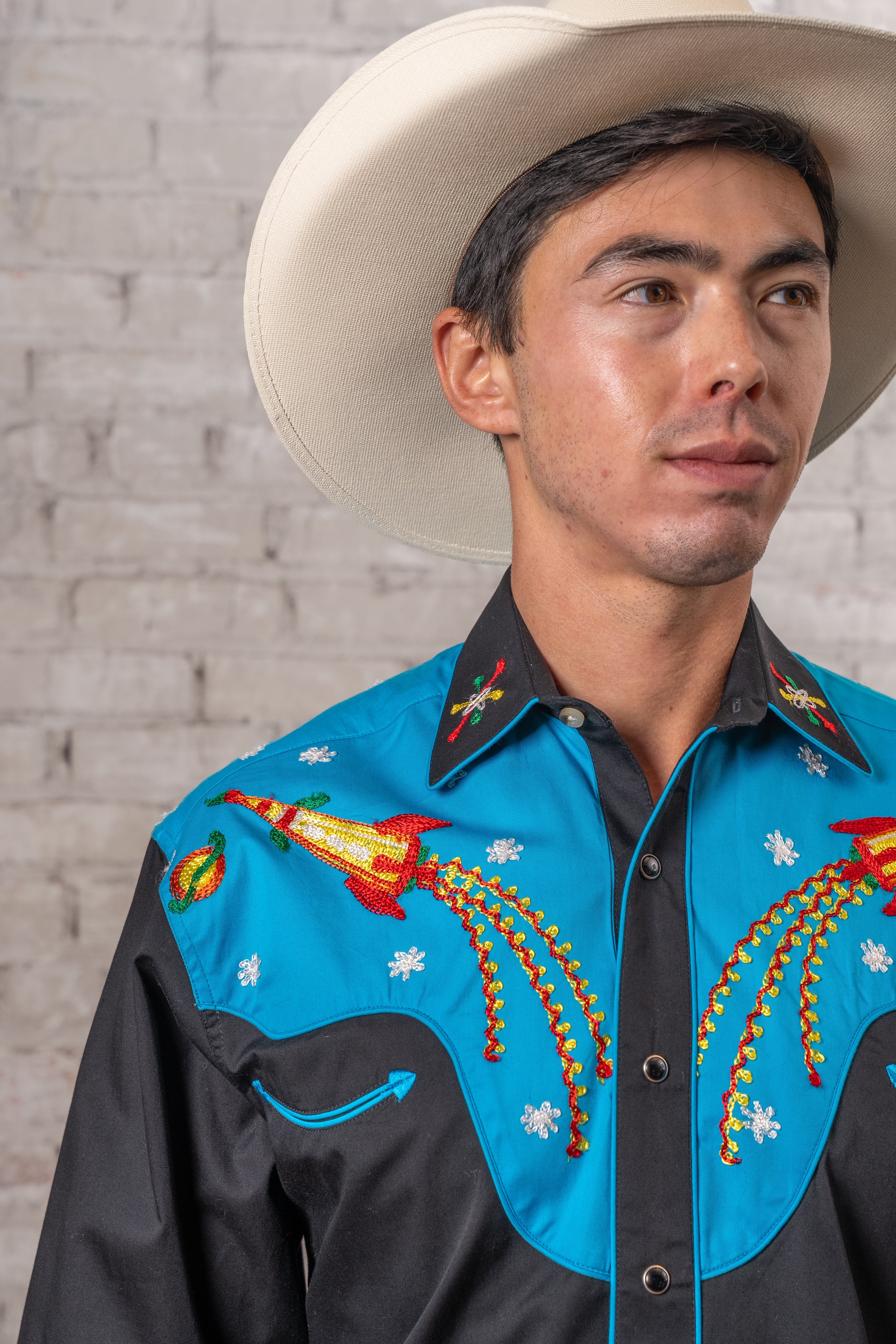 Men's 2-Tone Space Cowboy Embroidered Western Shirt