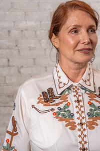 Women's Vintage Ivory Cactus & Cowgirl Boots Embroidered Western Shirt
